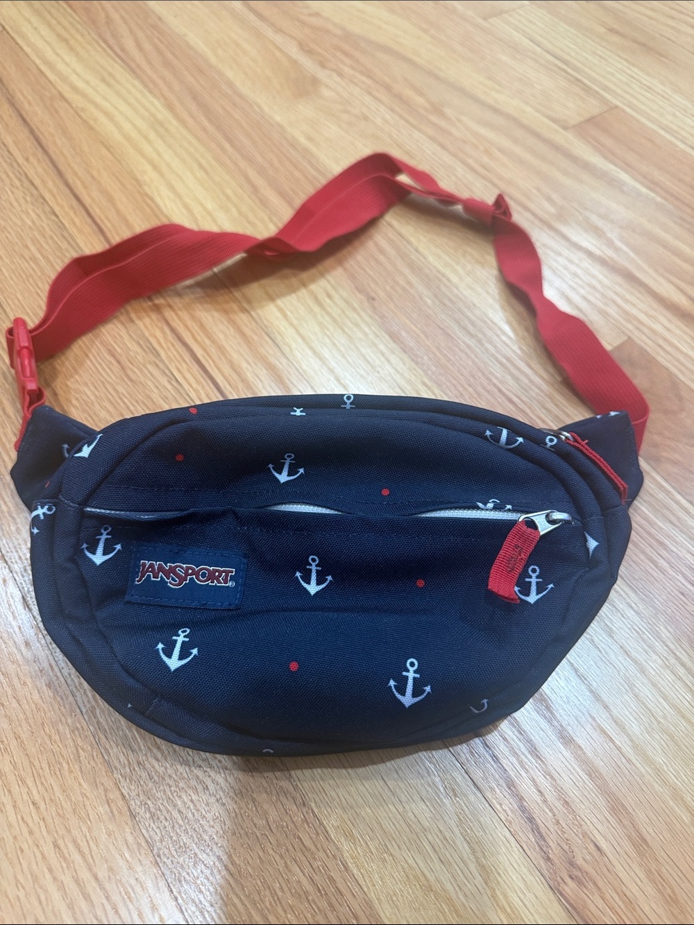 Jansport Navy Anchor Print Belt Bag with Red Strap